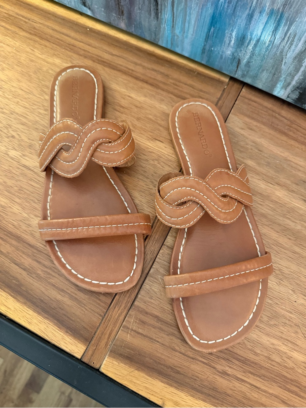 Bernardo Brown Tan Leather Slide Sandals with Woven Strap